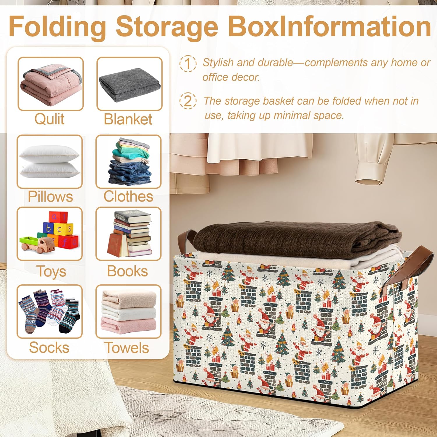 Christmas Tree Gift Storage Bin with Handles, Basket Storage Organizer for Shelves, Closet, Nursery, Book, Laundry Hamper & Home Decor