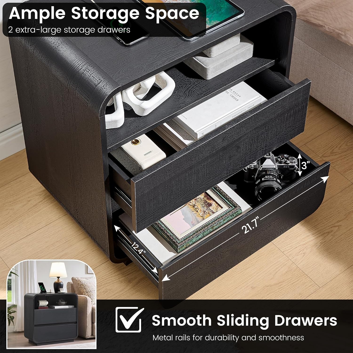 Black Nightstand with Charging Station, 25" Tall Wood Bedside Table, Modern End Table with 2 Storage Drawers, Curved Profile, Mid Century Night Stand for Bedroom, Dorm, Sofa, Office