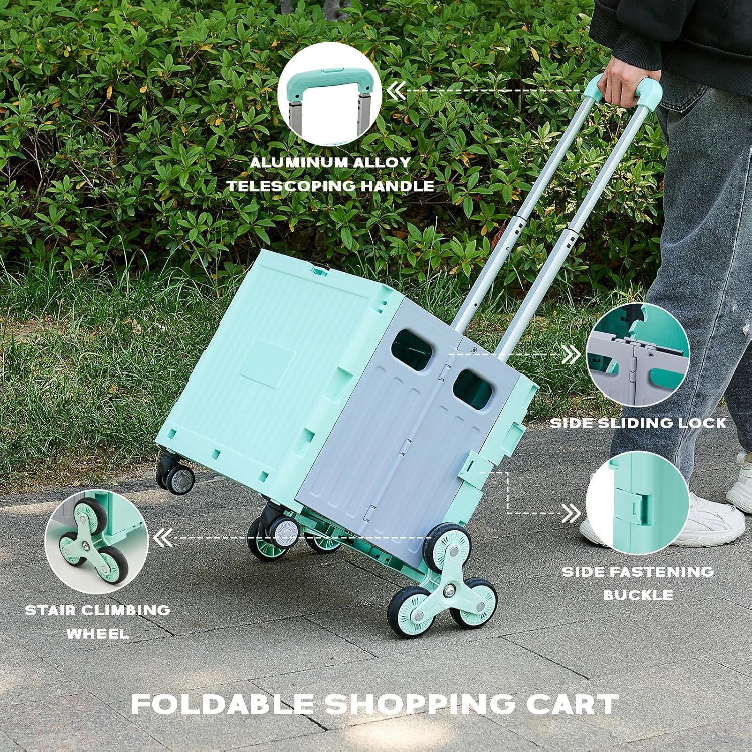 Utility Cart Foldable Shopping Cart Book Storage Cart, with Stair Climbing Wheels and Telescopic Handle, Ideal for Outdoor Home Use and Teacher/Student Book Storage. (Green, Small)