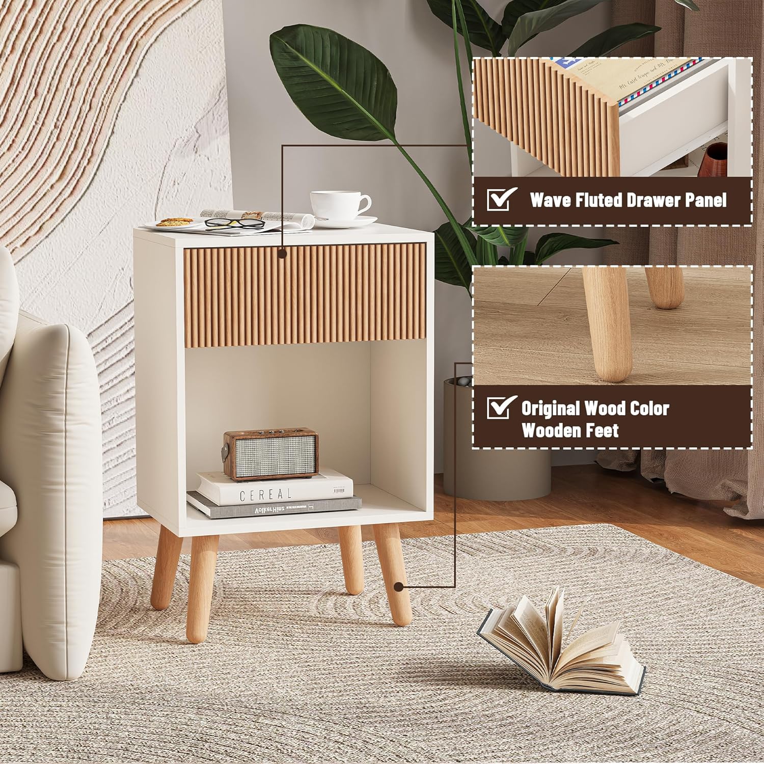 Fluted Nightstand, Modern Bedside Table with Storage Drawers and Open Wood Shelf, Night Stand with Solid Wood Legs, End Tables Side Tables for Living Room, Bedroom