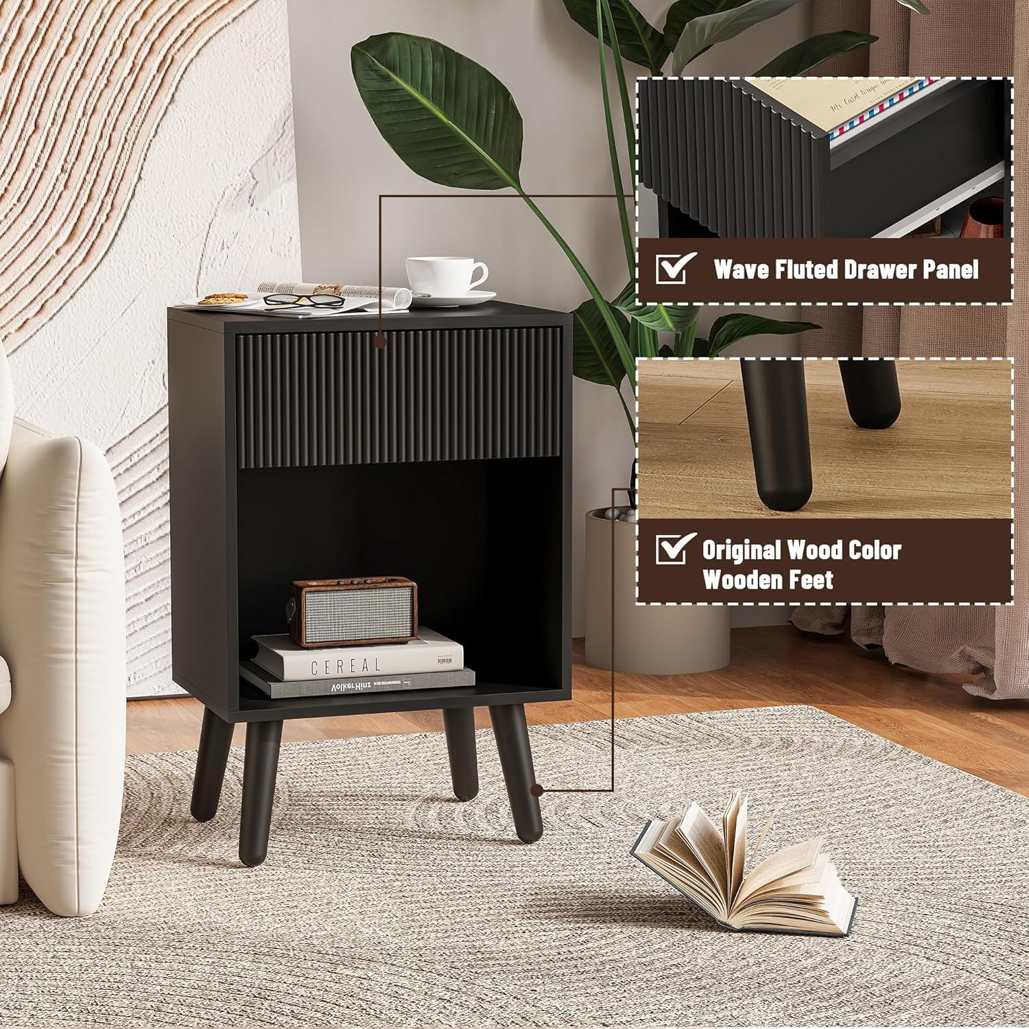 Nightstand, Modern Bedside Table with Storage Drawers and Open Wood Shelf, Night Stand with Solid Wood Legs, End Tables Side Tables for Living Room, Bedroom Black