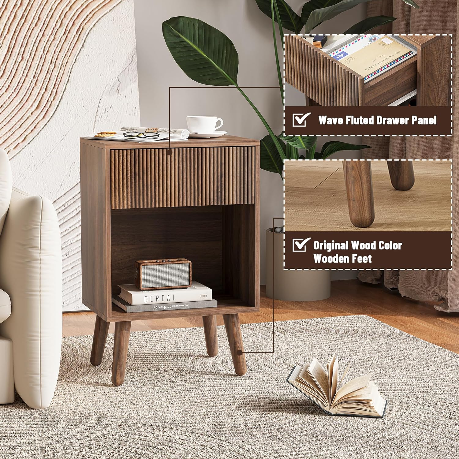 Nightstand, Modern Bedside Table with Storage Drawers and Open Wood Shelf, Night Stand with Solid Wood Legs, End Tables Side Tables for Living Room, Bedroom Walnut