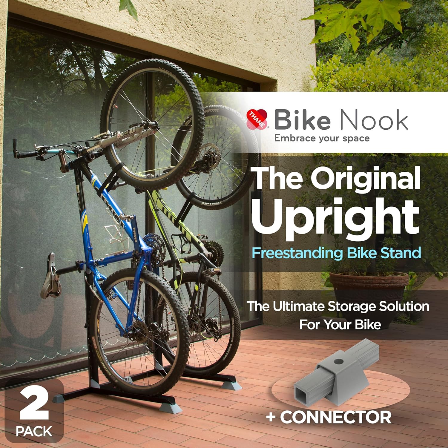 Bike Nook Bike Stand & Vertical Storage Rack with Connector (2 Pack), The Original Vertical Bicycle Floor Stand for Garage, Indoor and Outdoor Storage, Perfect Bike Accessories for Small Spaces