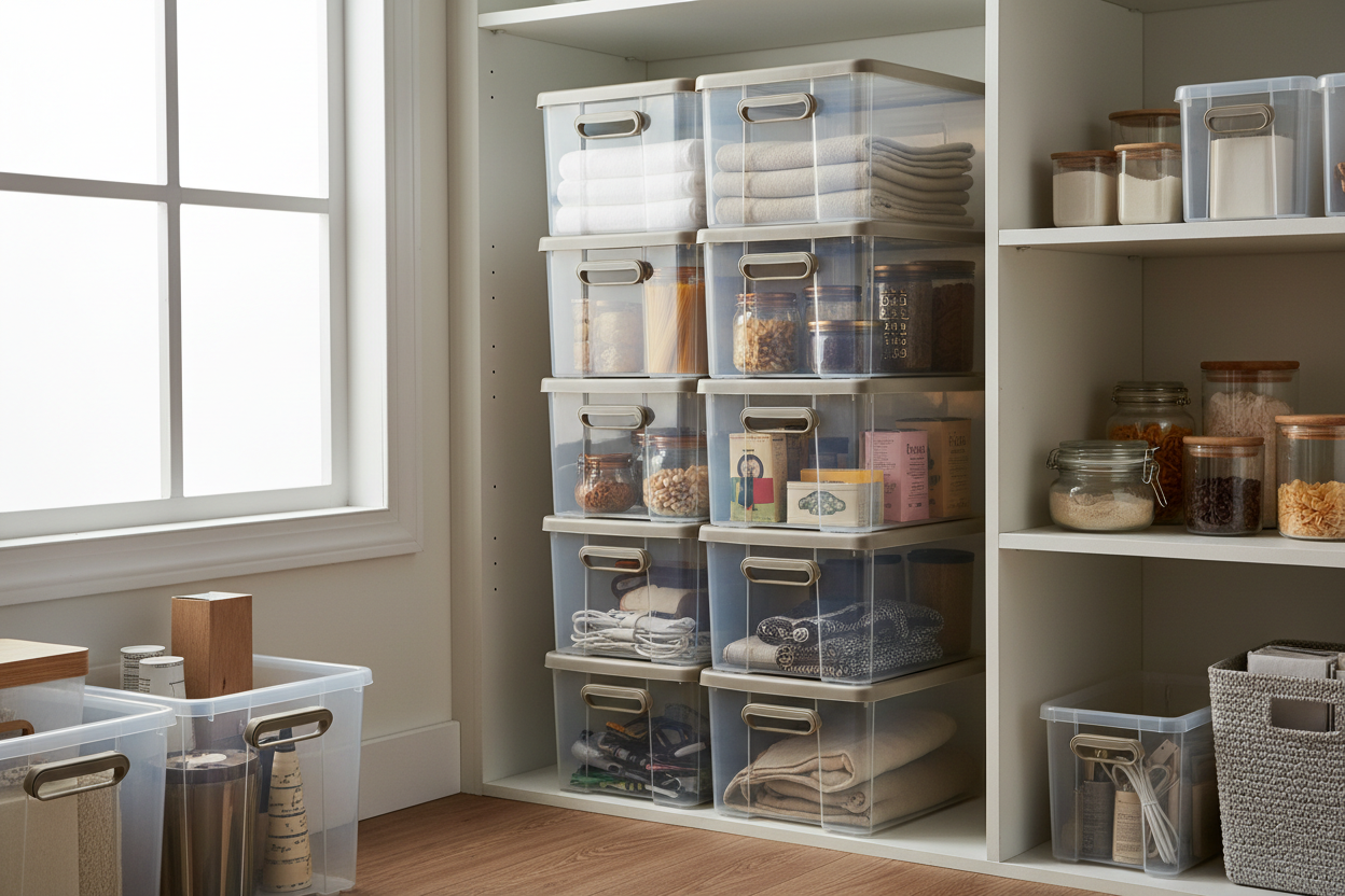 Stackable Storage Bins
Durable, versatile, and perfect for closets, pantries, or garages. These bins help you maximize vertical space and keep your belongings neatly organized. Stack, store, and access everything with ease. (make it real photo)